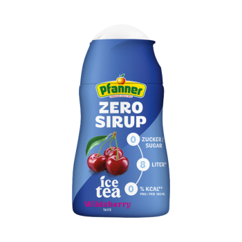 Pfanner ZERO Sirup Ice Tea Wildkirsche, 1:140 verdünnbar, ergibt 8 Liter, 57ml Produktbild, Vorderseite der Verpackung